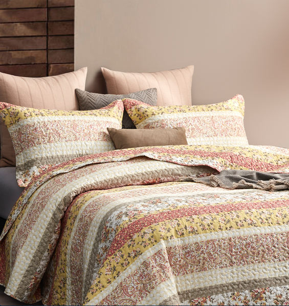 Yellow flora strip quilted coverlet/bedspread set